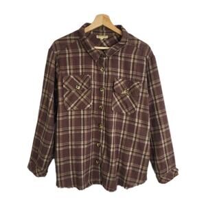 Democracy Women’s Plaid Flannel Shacket Brown L Relaxed Fit Raw Hem‎ Preppy Cozy